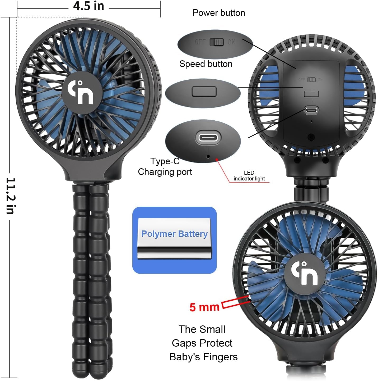 Mini Handheld Stroller Fan,Personal Portable Car Seat Baby Fan with Flexible Tripod Fix on Stroller,Usb or Battery Operated Desk Fan Adjustable 3 Speeds for Travel Treadmill Golf Cart